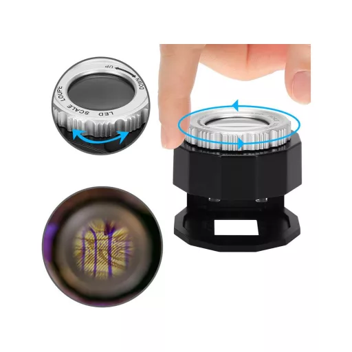 Klenotnícky 30x mikroskop s 3 LED diódami a UV svetlom v praktickom úložnom priestore