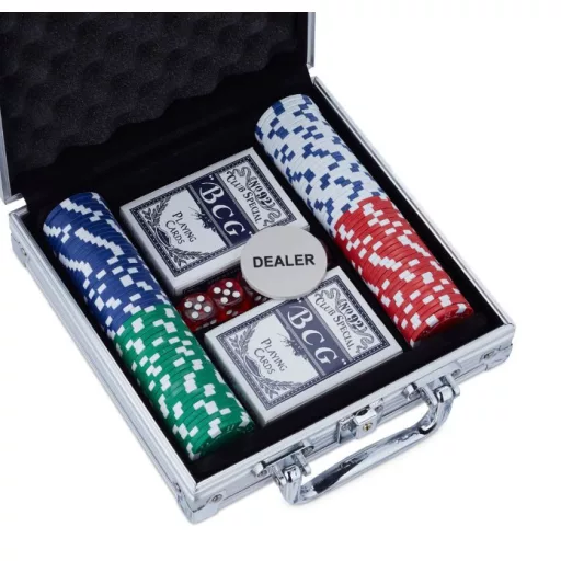 Pokerová súprava so 100 žetónmi, 2 balíčky kariet v kovovom puzdre