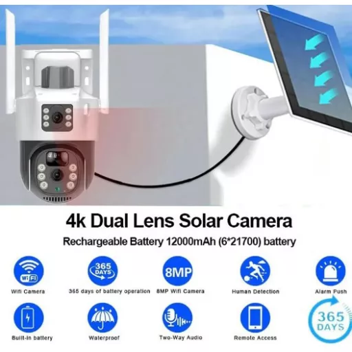 Solárne napájaná 5 MP vonkajšia vodotesná (Wi-Fi), otočná vonkajšia kamera s funkciou automatického sledovania - 8 ZOOM
