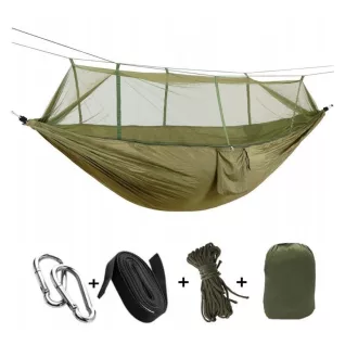   Hojdacia sieť s moskytiérou v zelenej farbe v praktickom držiaku 260 cm x 140 cm s príslušenstvom