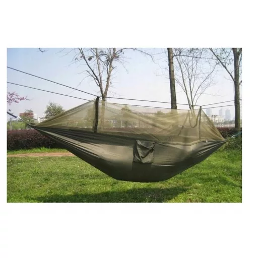 Hojdacia sieť s moskytiérou v zelenej farbe v praktickom držiaku 260 cm x 140 cm s príslušenstvom