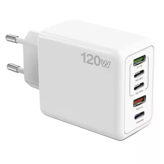   120W biela sieťová nabíjačka 3 x USB-C, 2 x USB-A, rýchle nabíjanie, iPhone, Huawei, Samsung, Xiaomi