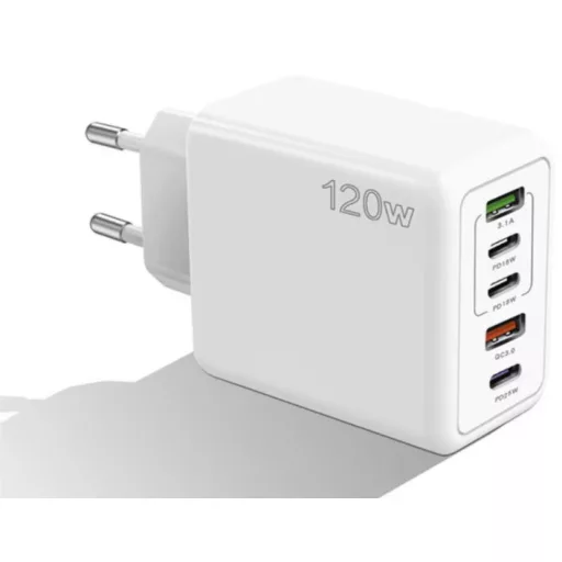120W biela sieťová nabíjačka 3 x USB-C, 2 x USB-A, rýchle nabíjanie, iPhone, Huawei, Samsung, Xiaomi