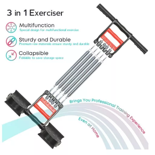 3 v 1-dnom fitness expandér s 5 pružinami a ergonomickými rukoväťami